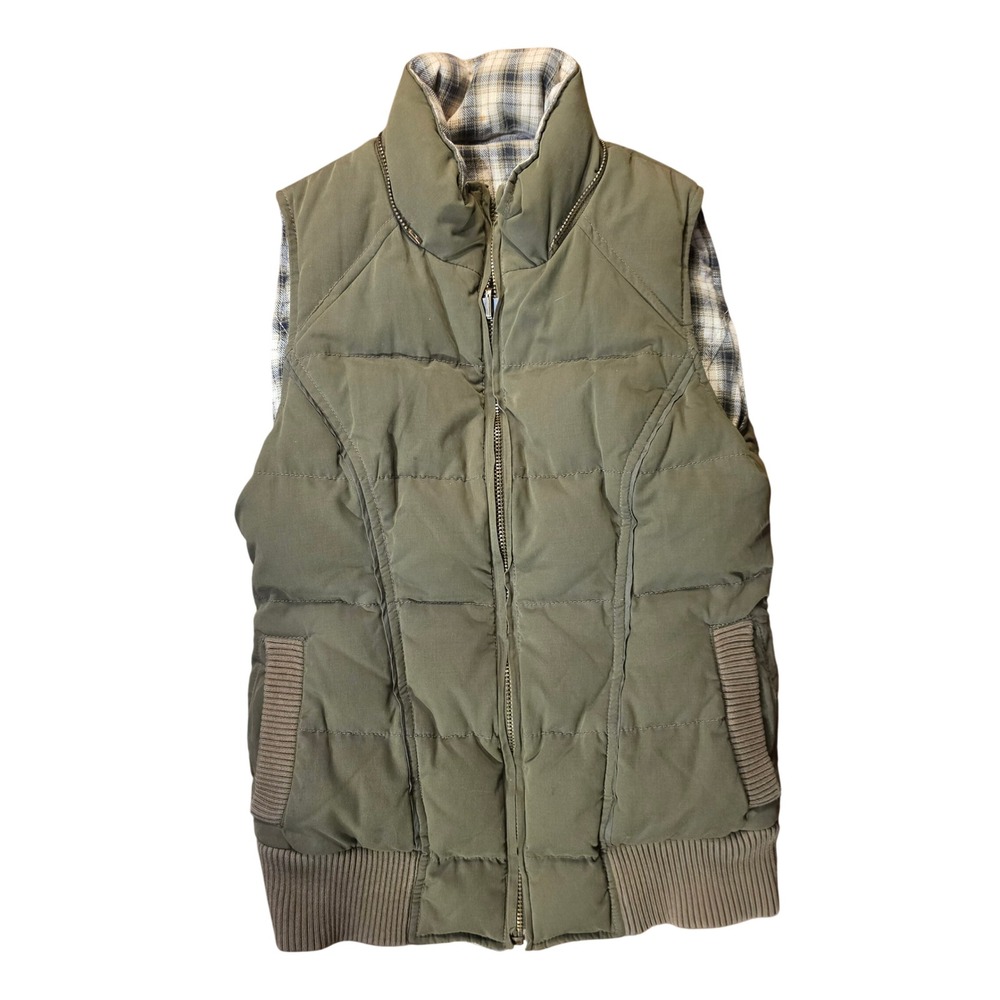 Charlotte Ronson Womens Reversible Puffer Vest Olive Green Plaid Down Fill XS
